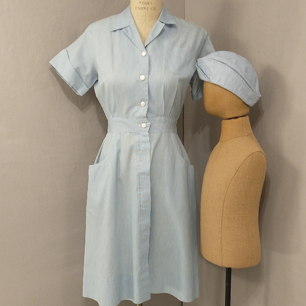 Vintage Nurse's Uniform w Hat Blue White Pinstripe All Original See Measurements